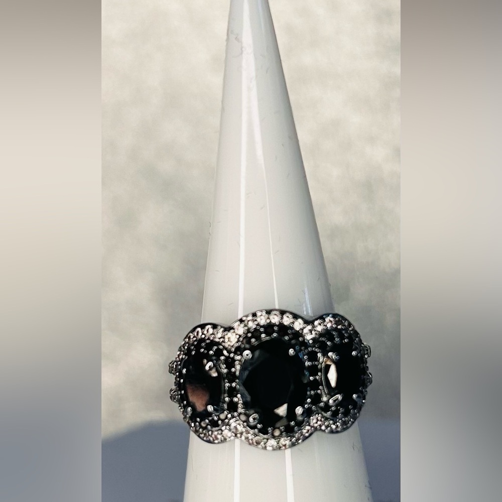 Black Onyx Lab Created with Pave Cubic Zirconia Ring on Hematite Plating Size 5
